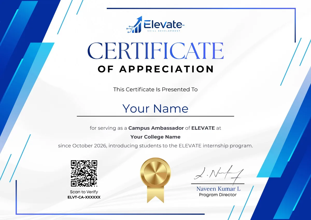 Sample ELEVATE Campus Ambassador certificate of appreciation